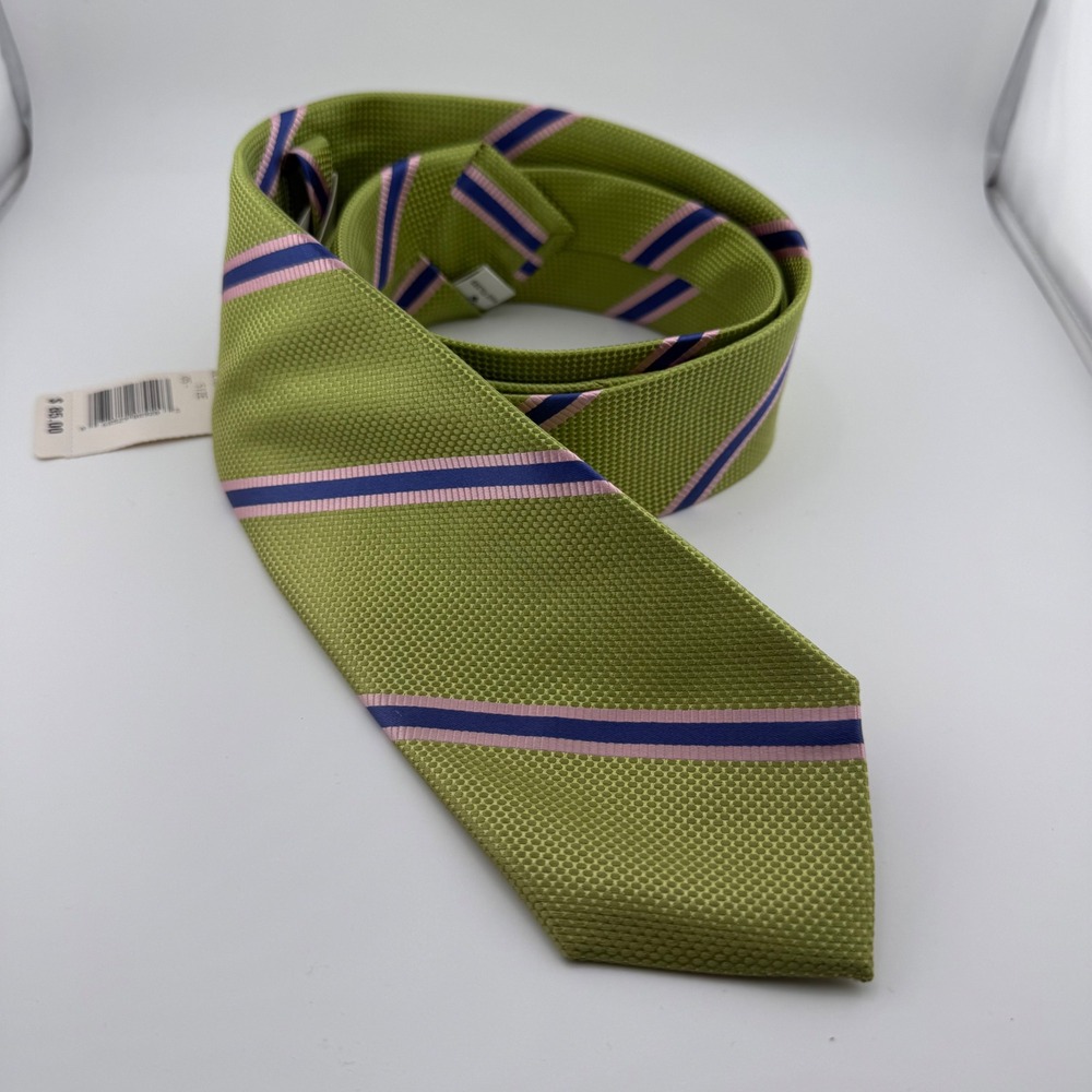 Peter Millar Silk Tie Mens Green Apple Navy Pink Striped Hand Folded Necktie NWT